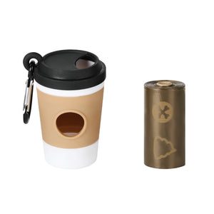 Coffee cup poop bag dispenser next to one roll of bags