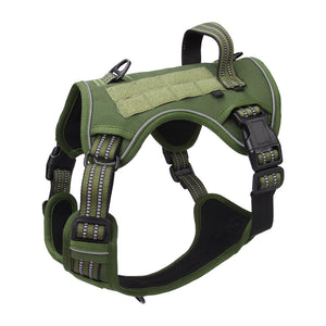 Army green tactical dog harness with a top grab handle and MOLLE side panels