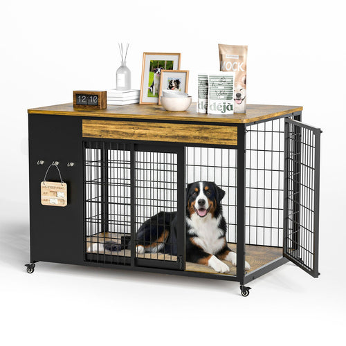 38 in rustic brown dog crate end table with a Bernese mountain dog lying inside, side door open