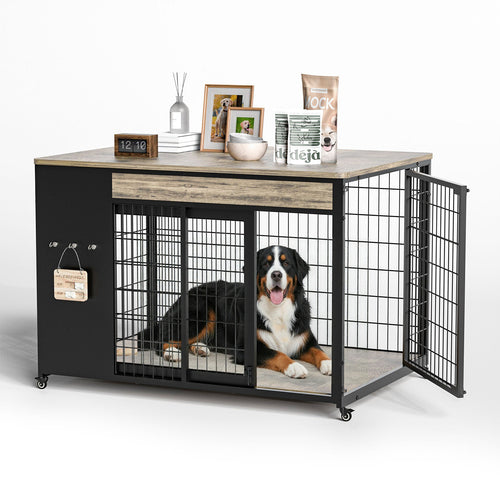 42 in greige dog crate TV stand with a Bernese mountain dog lying inside, side door open
