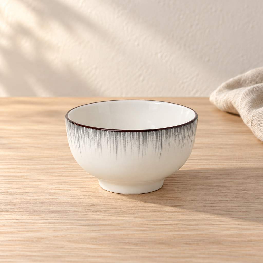 A pale celadon 4.5 inch rice bowl with fine grey brush strokes below the rim, on a light wood table in afternoon light.