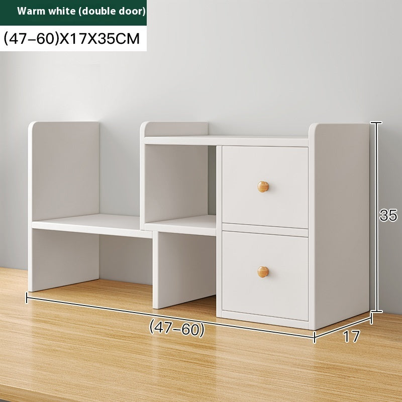 White adjustable desktop bookshelf with two doors, 47–60 cm wide, 17 cm deep, 35 cm tall — White Two Doors