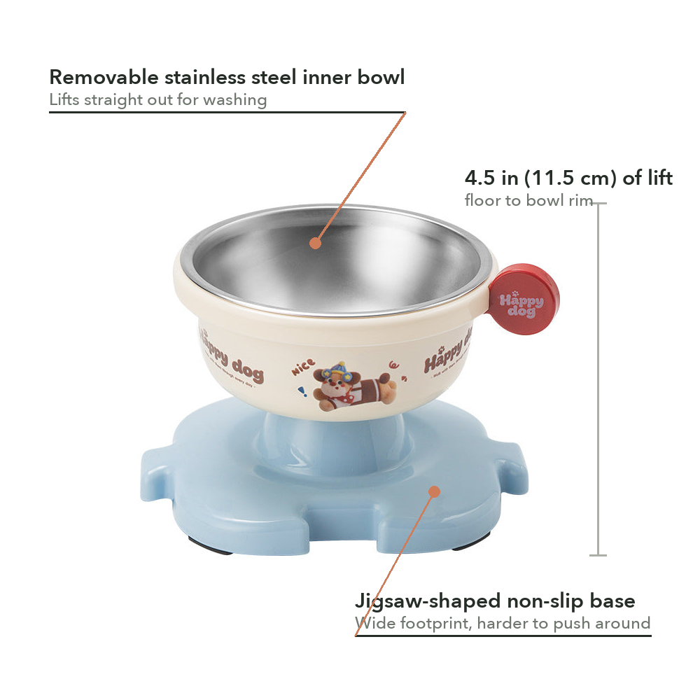 Elevated dog bowl with arrows marking the removable stainless steel insert, the jigsaw-shaped non-slip base and the 4.5 in height.