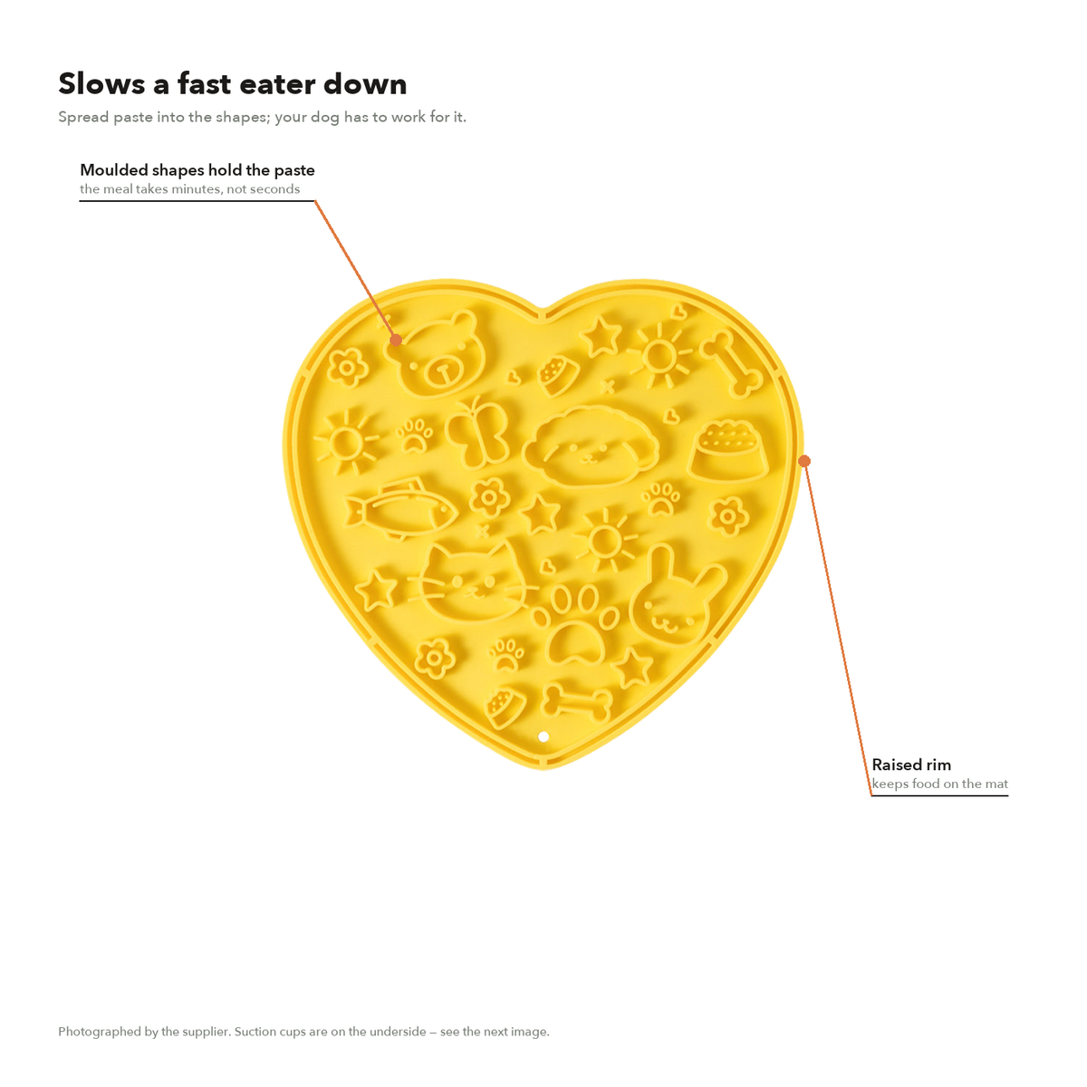 Arrows marking the molded grooves and the raised rim on the heart-shaped lick mat
