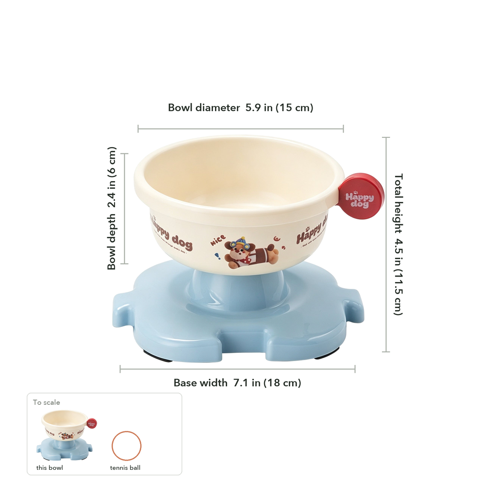 Size chart: base width 7.1 in, bowl diameter 5.9 in, bowl depth 2.4 in, total height 4.5 in, shown to scale beside a tennis ball.