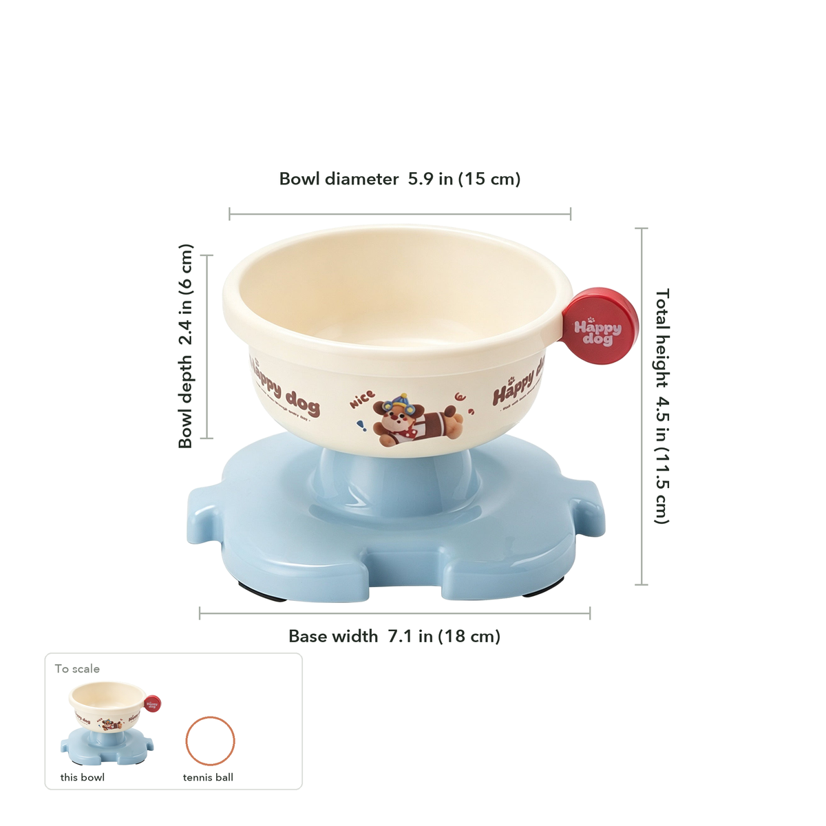 Size chart: base width 7.1 in, bowl diameter 5.9 in, bowl depth 2.4 in, total height 4.5 in, shown to scale beside a tennis ball.