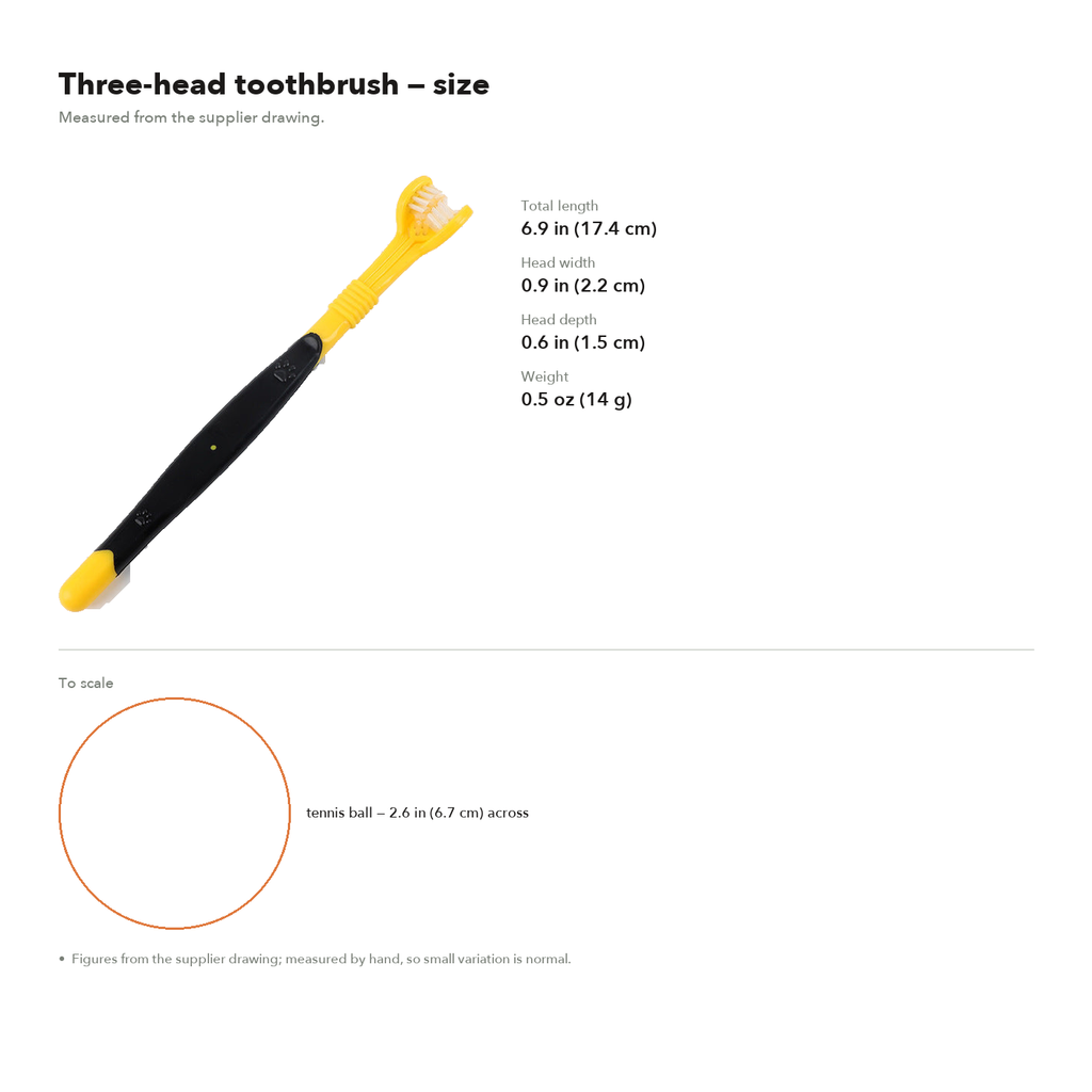 Size chart: 6.9 in (17.4 cm) long, head 0.9 in (2.2 cm) wide and 0.6 in (1.5 cm) thick, 0.5 oz (14 g), shown to scale beside a tennis ball