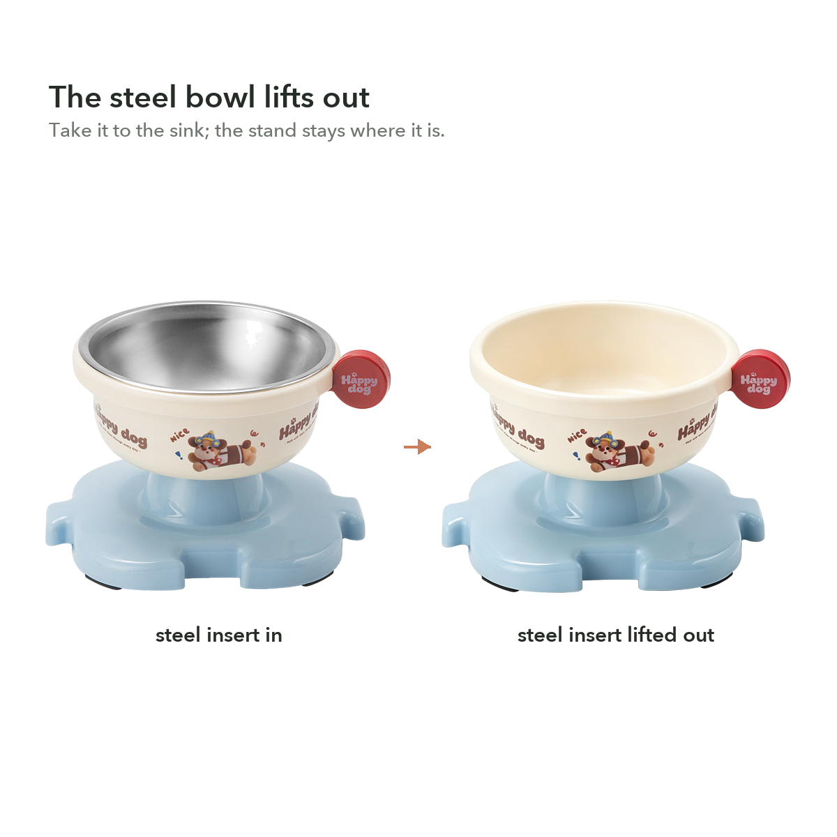 Side by side: the stainless steel inner bowl in place, and the same bowl with the insert lifted out.