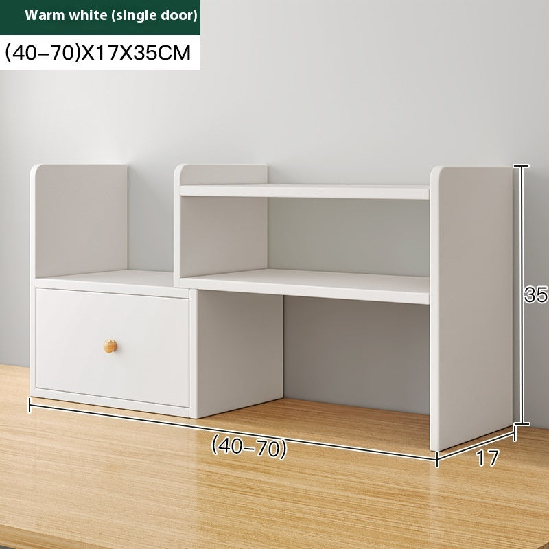 White adjustable desktop bookshelf with single door, 40–70 cm wide — White Single Door