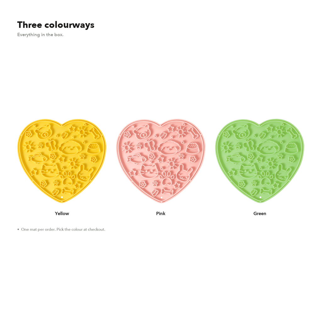 The lick mat in yellow, pink and green
