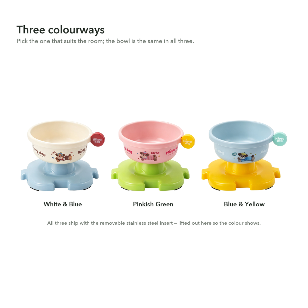 Three colours side by side: White and Blue, Pinkish Green, Blue and Yellow. All three ship with the removable stainless steel insert.