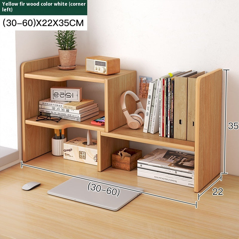 Wood-grain corner-left adjustable desktop bookshelf, 30–60 cm wide — Wood-Grain Corner Left