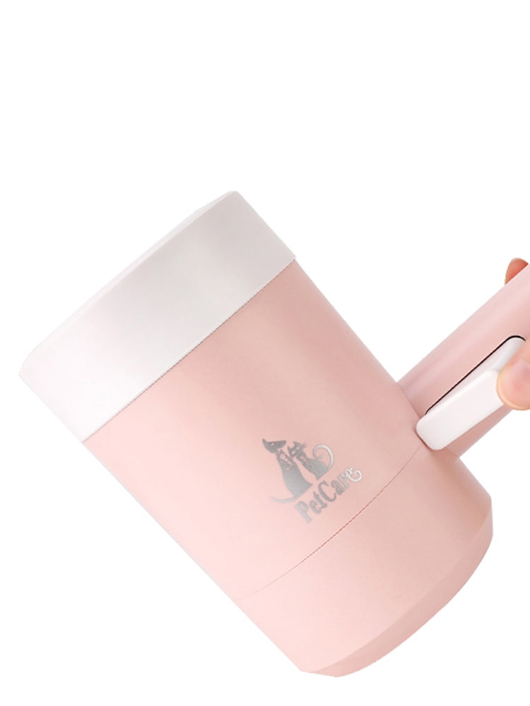 Pink paw cleaner cup, angled close-up of the logo and side handle