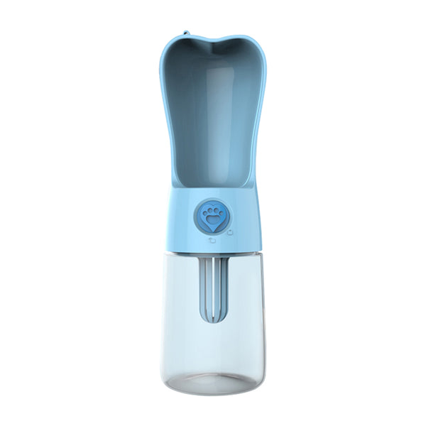 Blue portable pet water bottle with filter, front view — Blue option