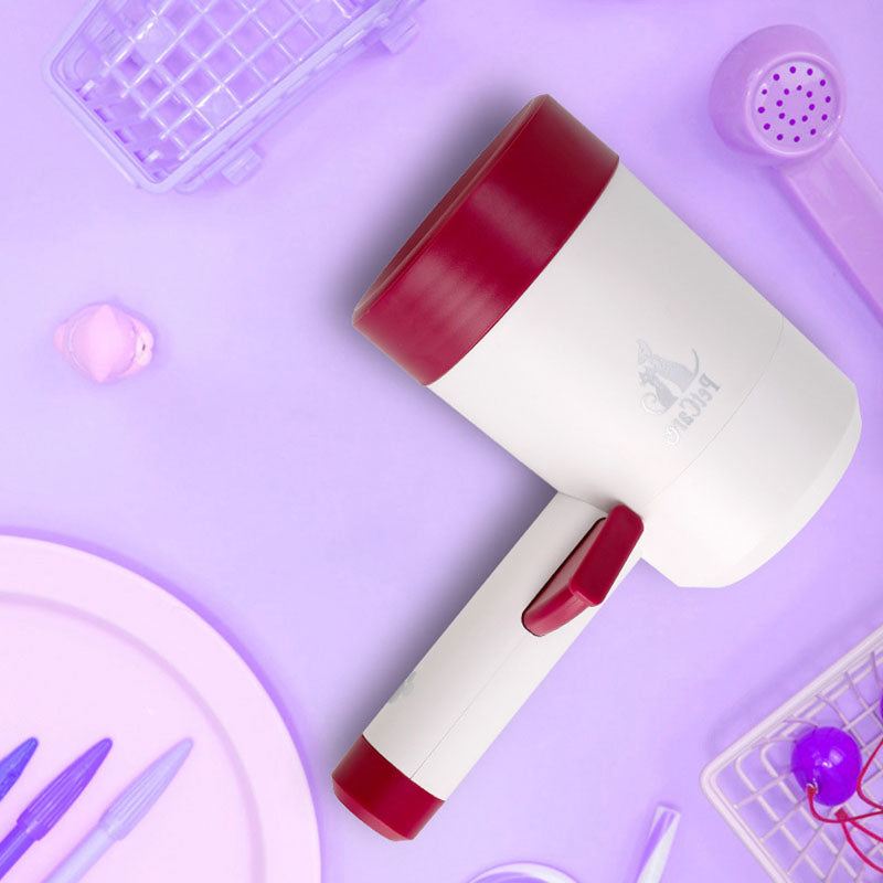 White paw cleaner cup with burgundy rim and handle, side view