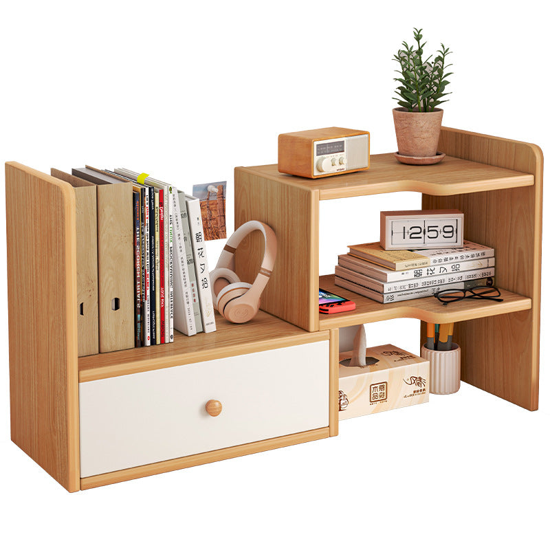 Wood-grain adjustable desktop bookshelf with white drawer holding books and a clock