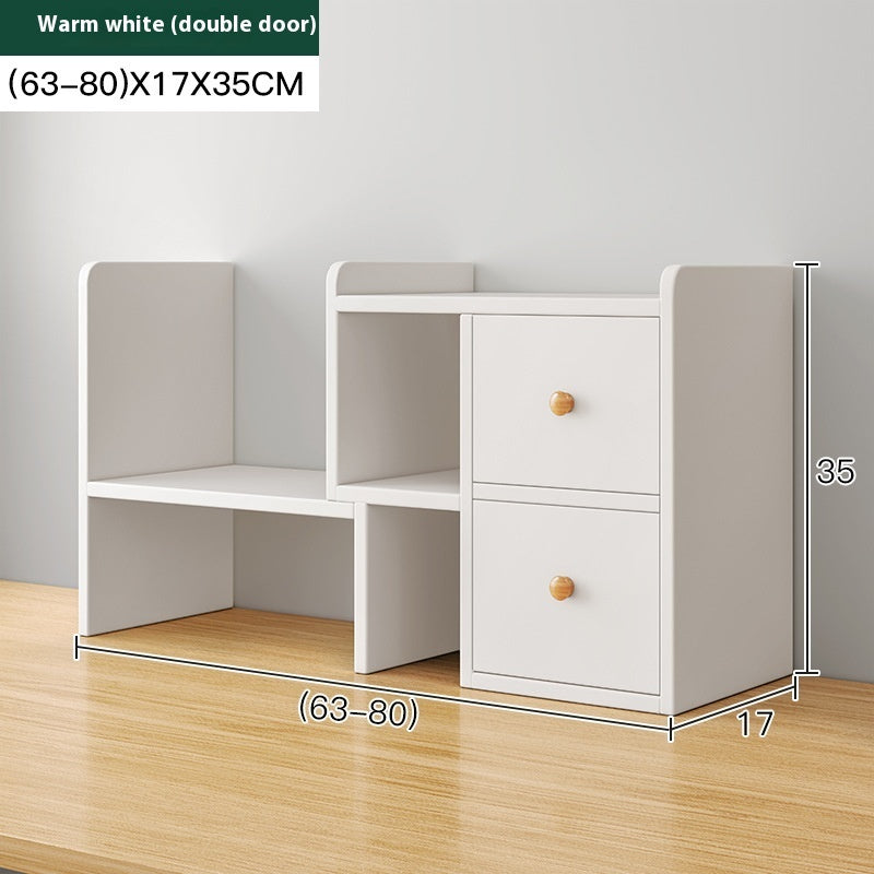 White adjustable desktop bookshelf with two doors, 63–80 cm wide — White Two Doors
