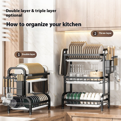 Black carbon-steel kitchen dish drying racks shown in two-tier and three-tier configurations with plate holders and utensil storage
