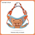 Orange and blue vest harness on white, plush bear at the chest, harness only
