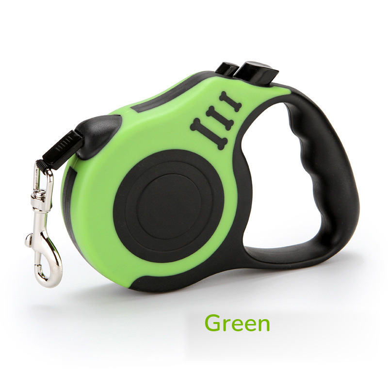 Bright green retractable leash with a black grip, side view on white