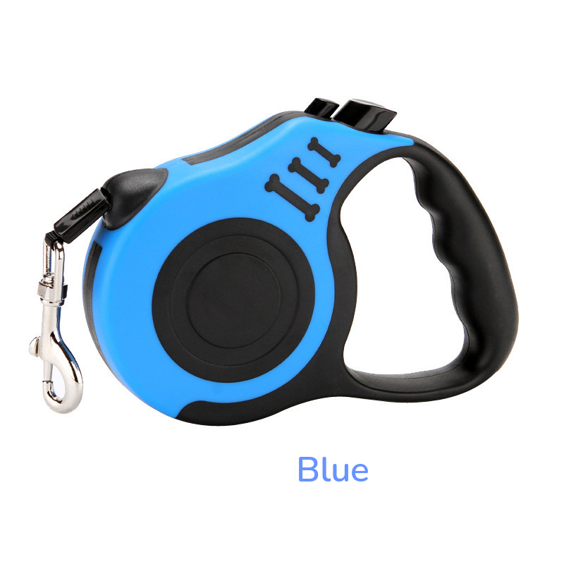 Bright blue retractable leash with a black grip, side view on white