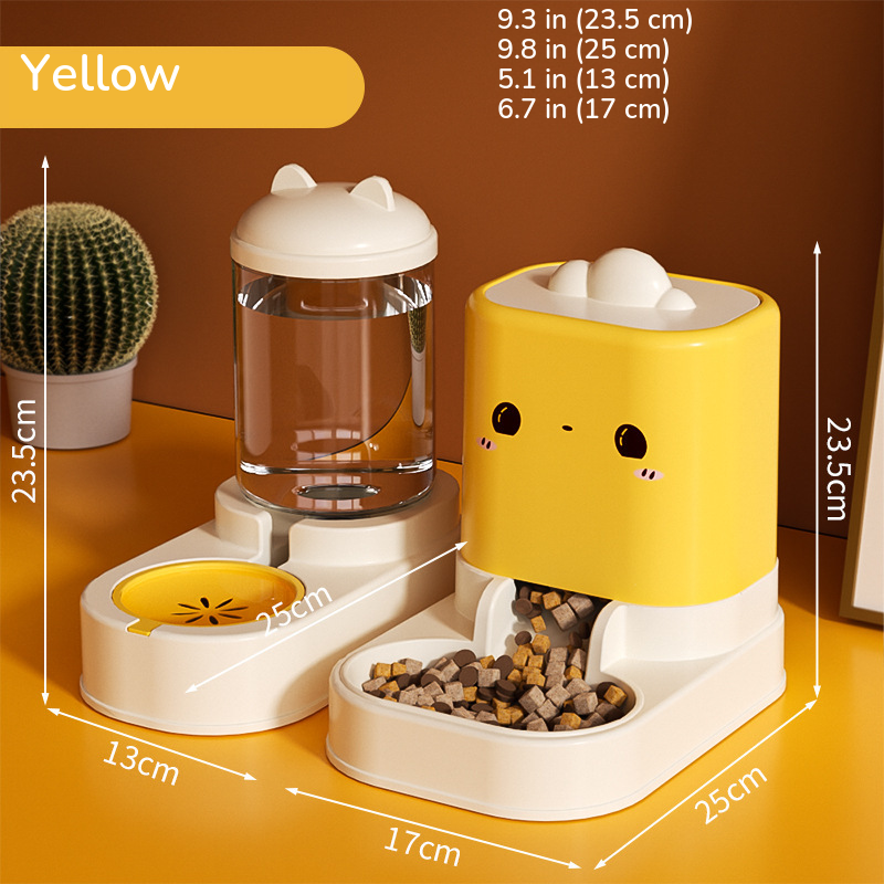 Yellow water dispenser and matching food feeder standing together, both marked 9.3 in (23.5 cm) tall