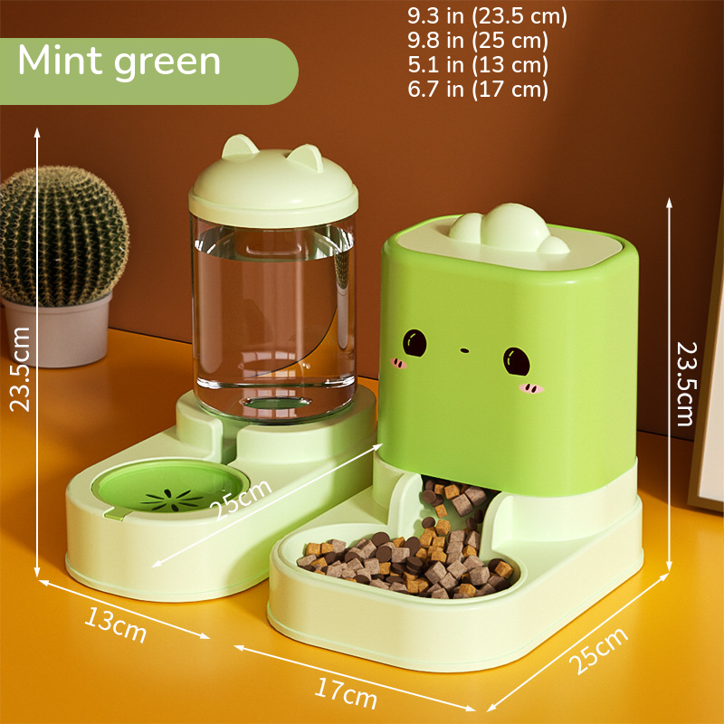 Green water dispenser and matching food feeder standing together, both marked 9.3 in (23.5 cm) tall