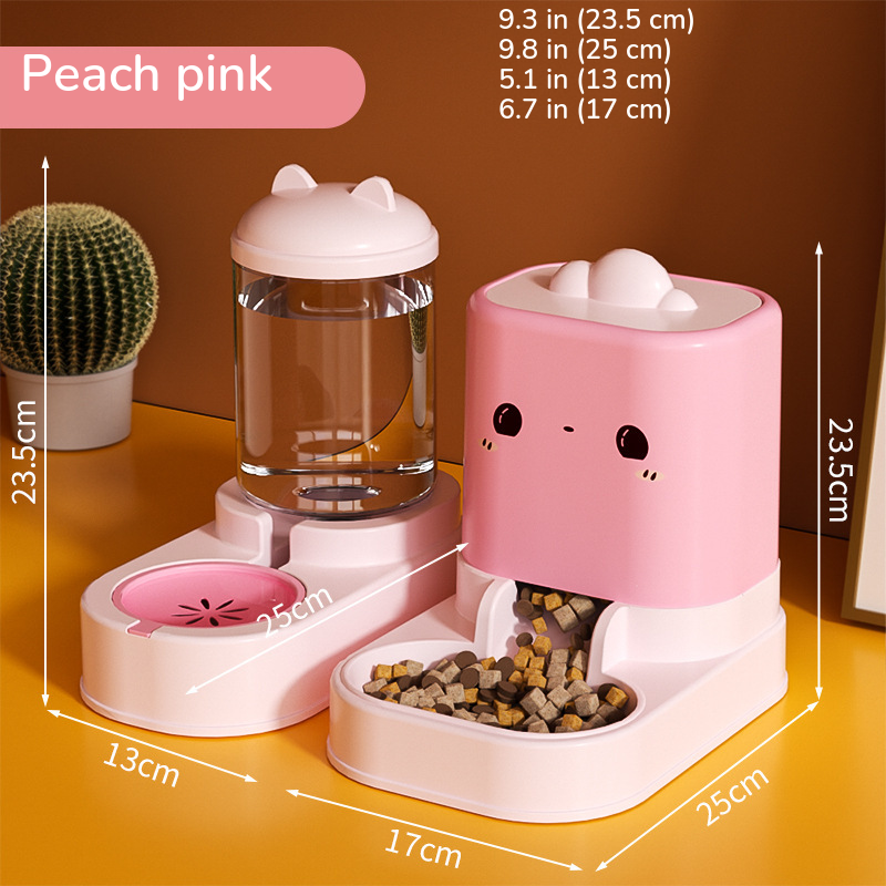 Pink water dispenser and matching food feeder standing together, both marked 9.3 in (23.5 cm) tall