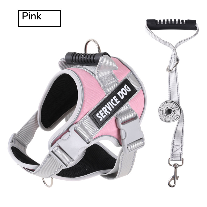 Pink padded harness with a top handle, shown with its grey matching leash on white