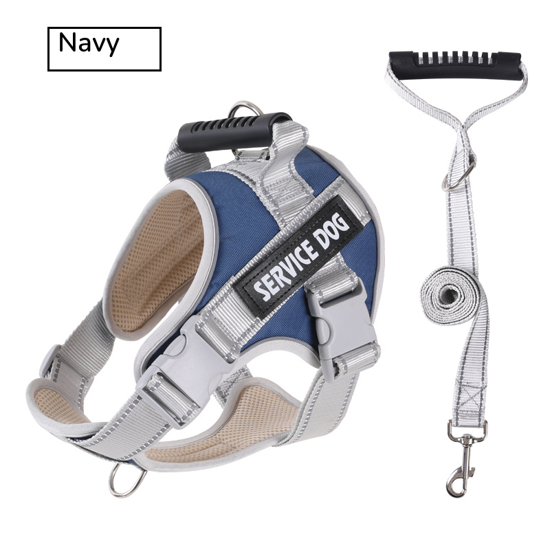 Navy padded harness with a top handle, shown with its grey matching leash on white