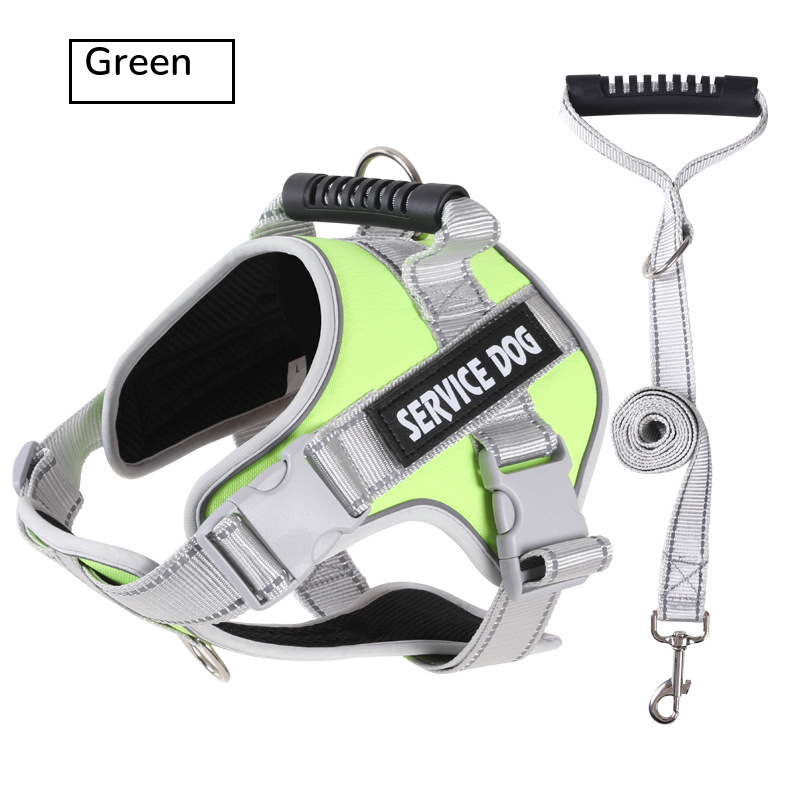 Lime green padded harness with a top handle, shown with its grey matching leash on white