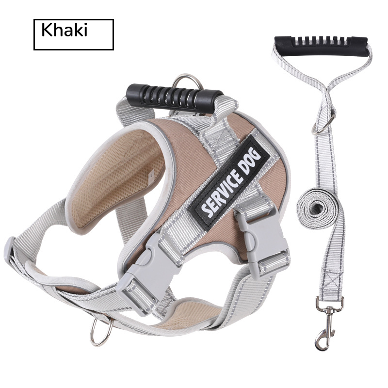 Khaki padded harness with a top handle, shown with its grey matching leash on white