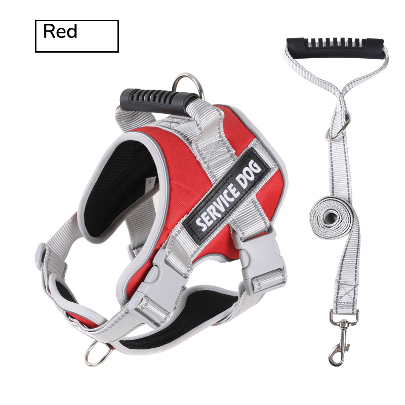 Red padded harness with a top handle, shown with its grey matching leash on white