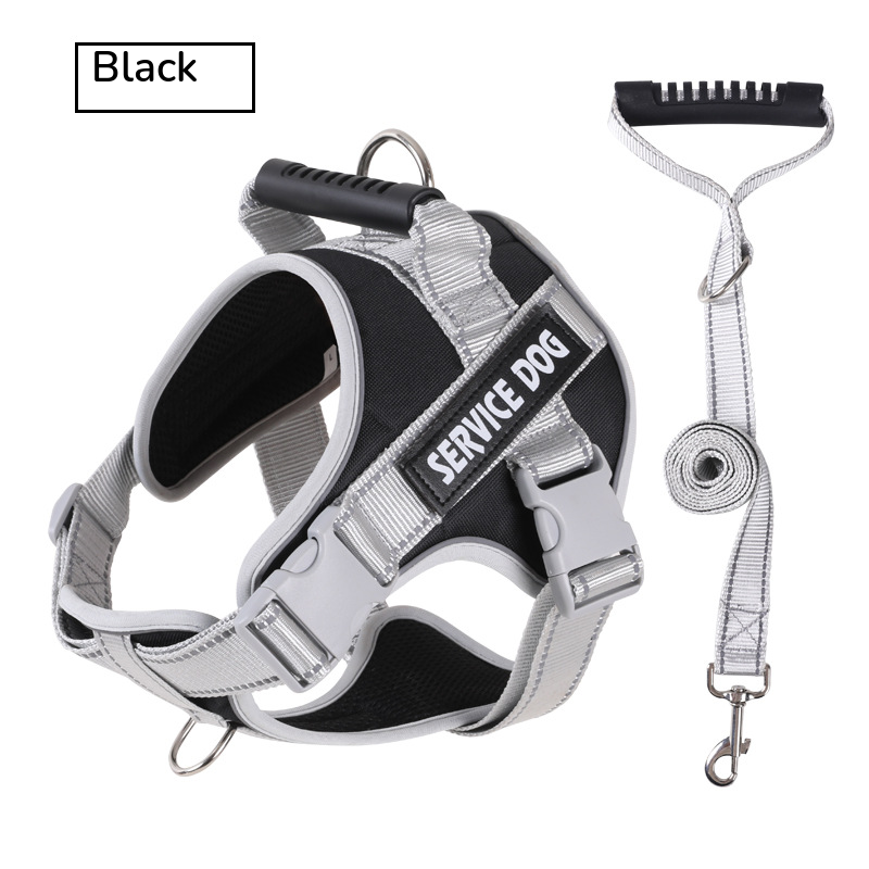 Black padded harness with a top handle, shown with its grey matching leash on white