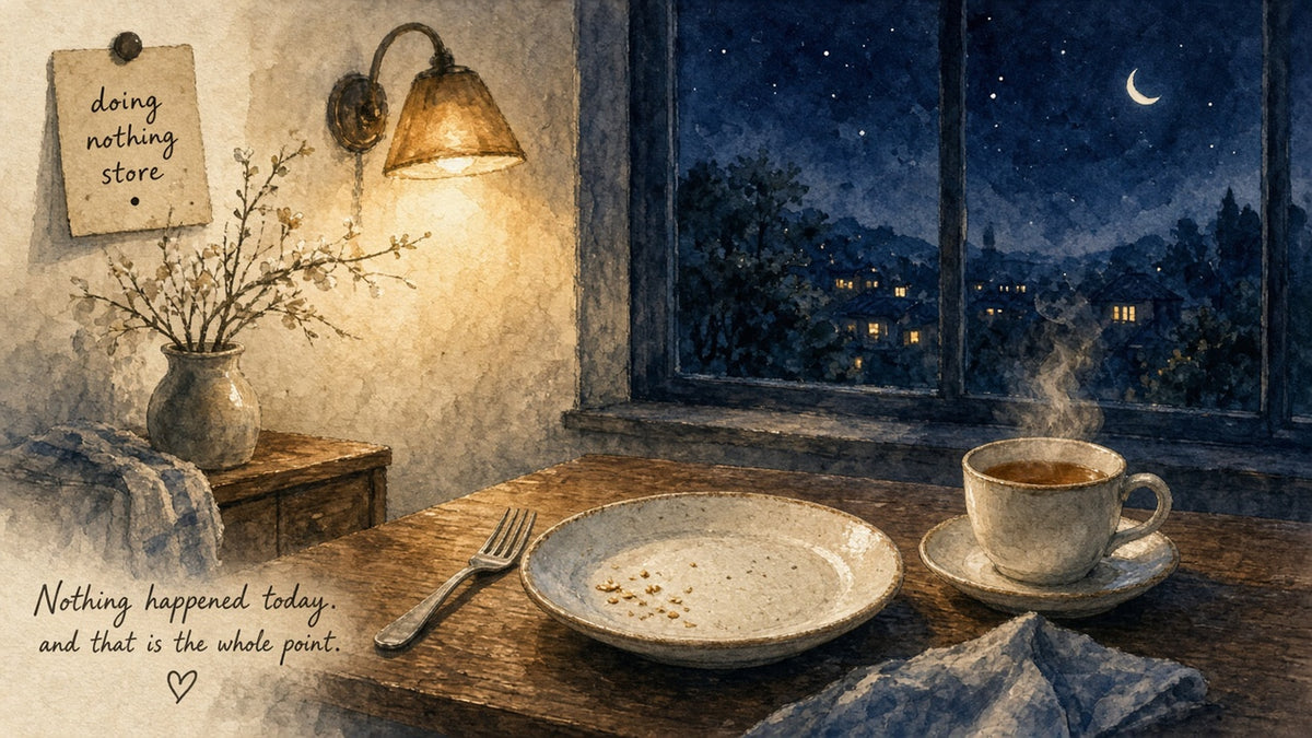 Moonlit finished meal on a wooden table — lamp, vase, empty plate with crumbs, steaming cup, night window and crescent moon.