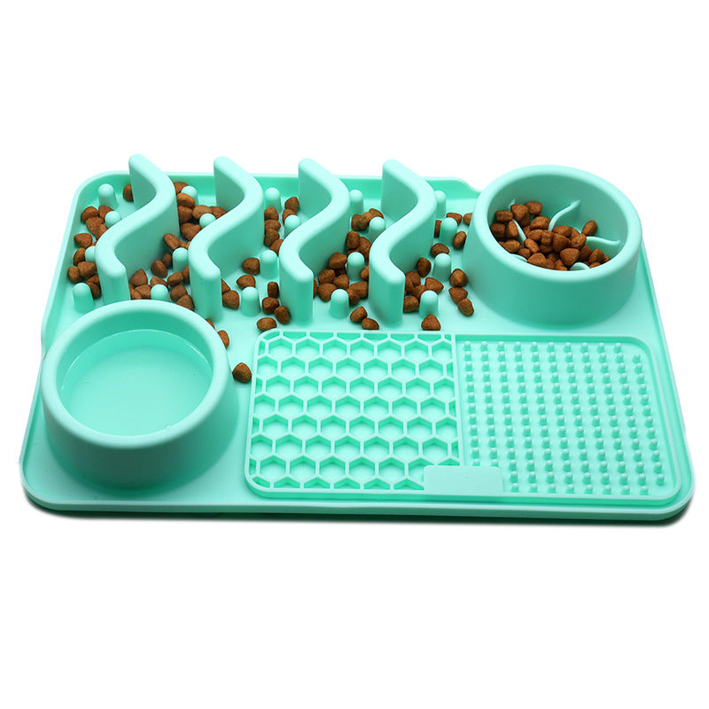 Small tray in Lake Blue with kibble in the channels and the round well