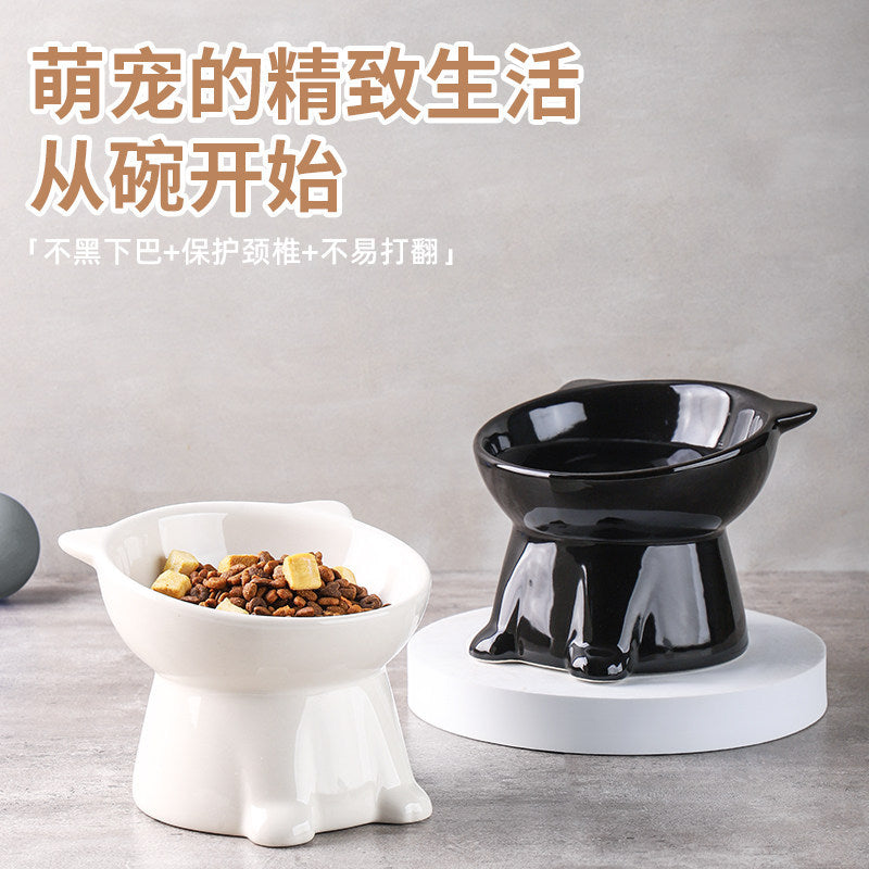 Tilted Raised Pet Bowl with Ears, Black or White