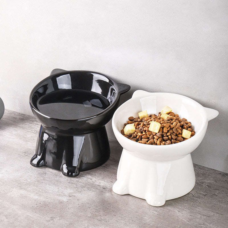 Tilted Raised Pet Bowl with Ears, Black or White