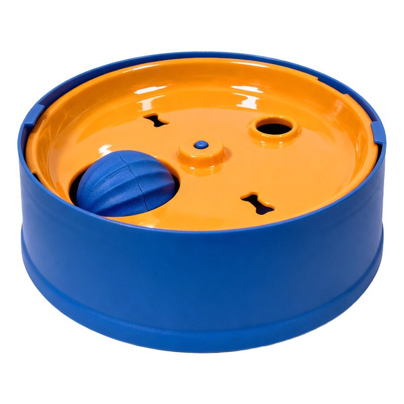 Blue and orange puzzle bowl at an angle, showing the rolling ball, centre knob and two bone-shaped slots