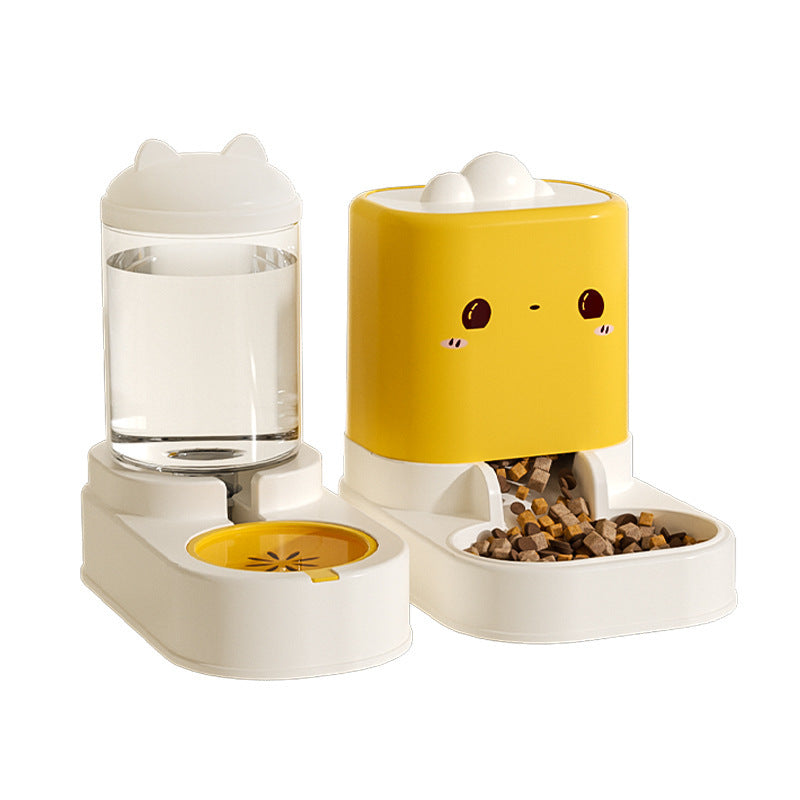 Water dispenser and yellow cartoon-face food feeder side by side on a white background