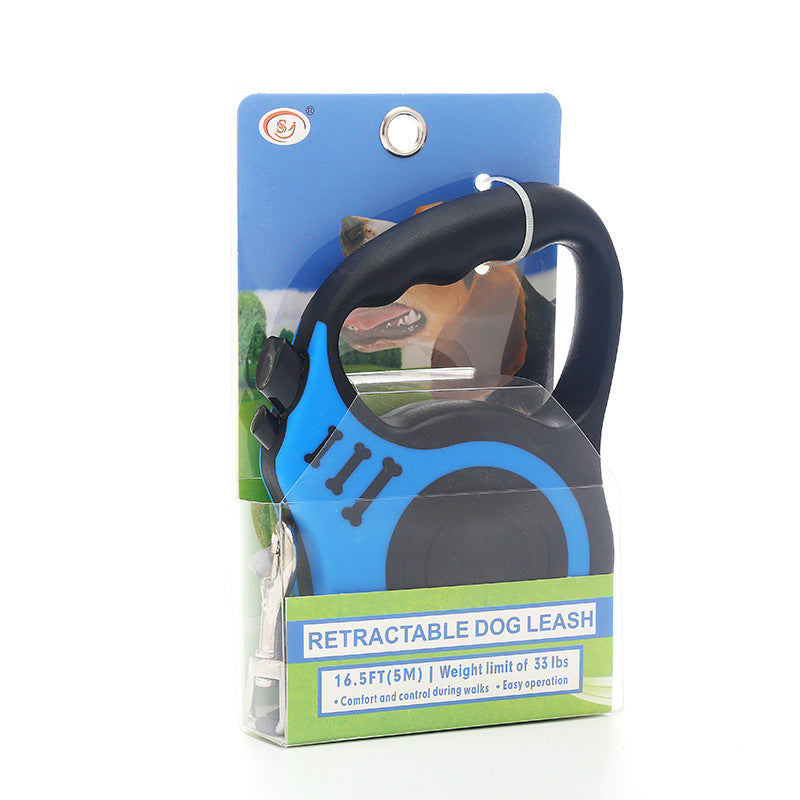 Blue retractable leash in its clear retail box, seen from the front on white