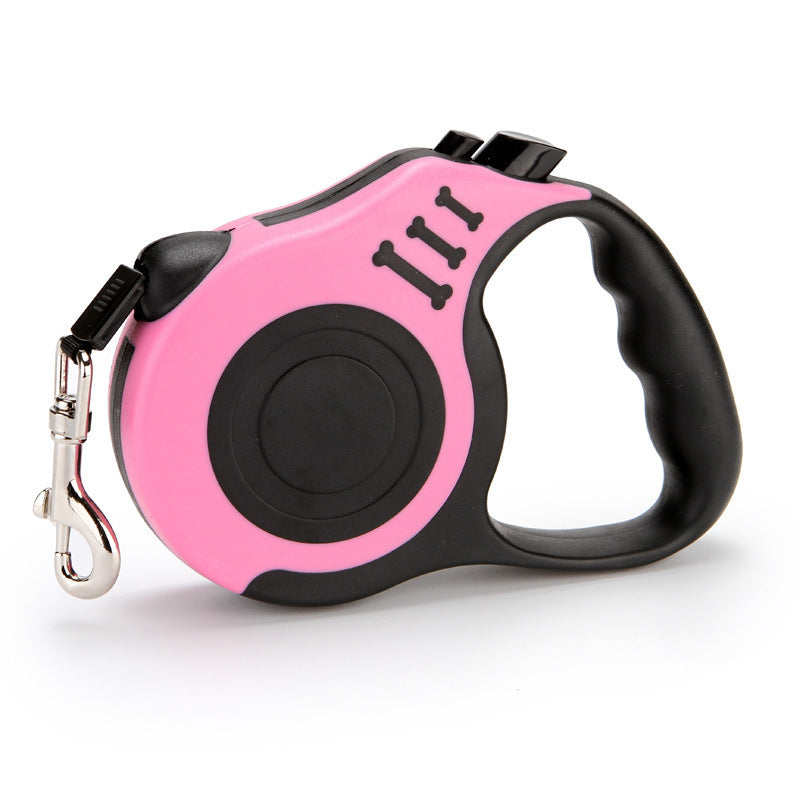 Pink retractable leash with a black bone-shaped grip and metal snap clip, side view on white