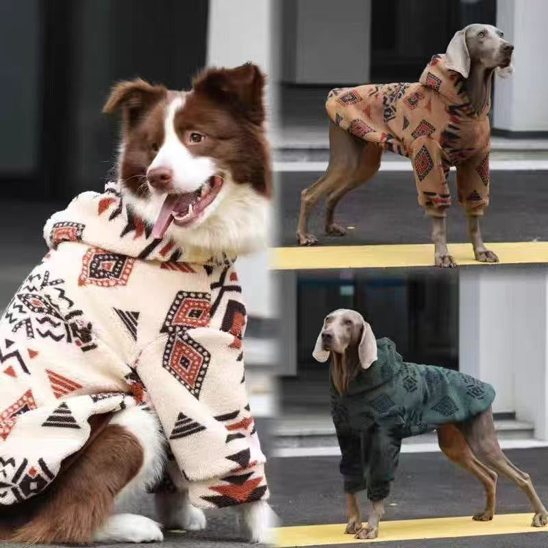 Three-panel layout: the cream coat close up, and a grey dog wearing the tan and the green versions