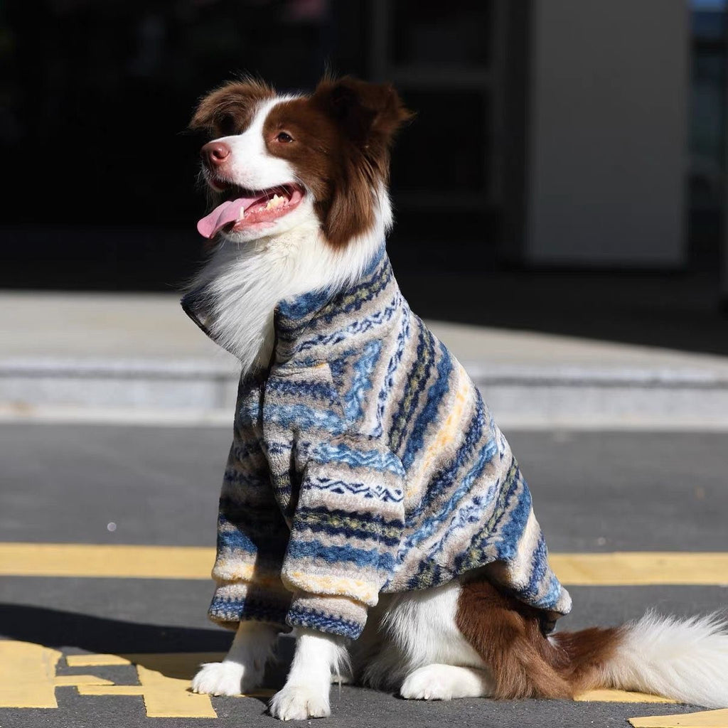 The blue and tan patterned fleece seen from the side as the dog sits in sunlight, front legs sleeved