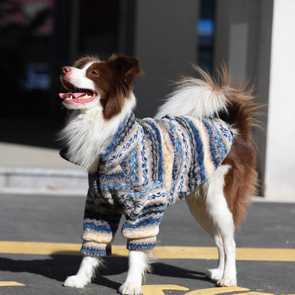 Border collie standing side-on in the blue and tan patterned fleece, tail raised