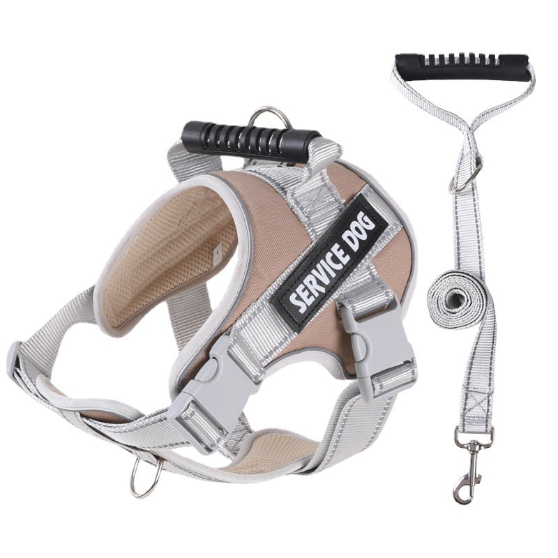 Khaki padded harness with grey webbing and its matching flat leash on white
