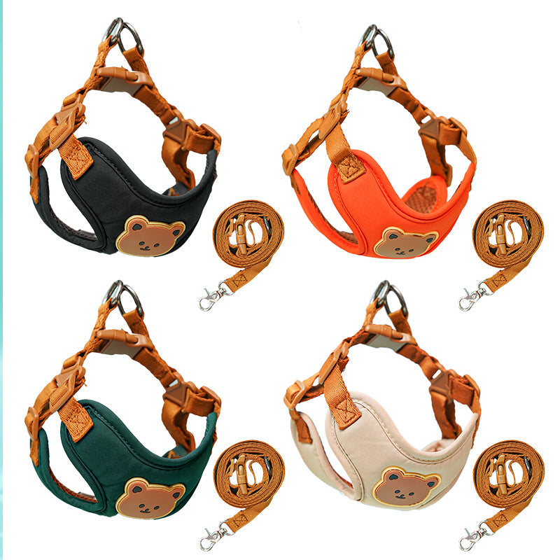 Four bear-face harness and leash sets in black, orange, dark green and cream