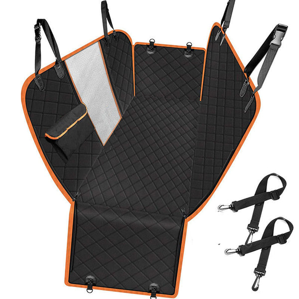 Black dog car hammock with orange trim, mesh window and side flaps laid flat, with two seat belt tethers