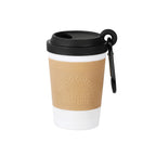 Coffee cup poop bag dispenser with black lid and tan sleeve, carabiner on the lid
