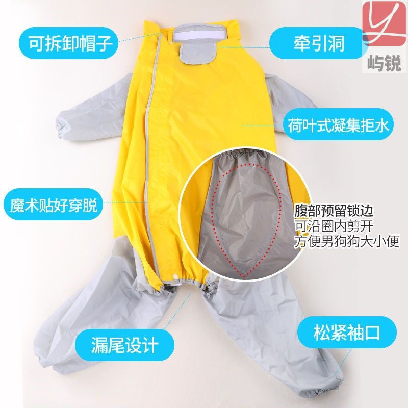 Large Dog Raincoat, Four-Leg with Belly Cover and Hood